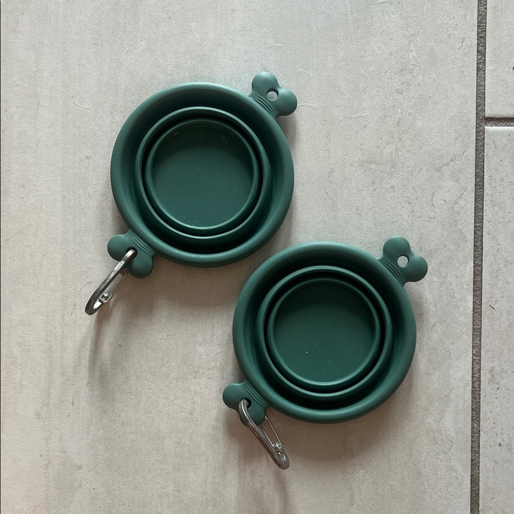 Set of Collapsible, Travel Green Cat Bowls with Carabiners
